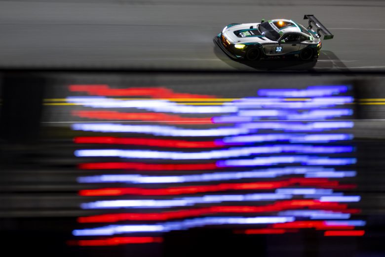 DAYTONA BEACH, FLORIDA - JANUARY 30: The #32 Gilbert Korthoff Motorsports Mercedes-AMG GT3 of Mike Skeen, Guy Cosmo, Stevan McAleer, and Scott Andrews drives during the Rolex 24 at Daytona International Speedway on January 30, 2022 in Daytona Beach, Florida. (Photo by James Gilbert/Getty Images) | Getty Images