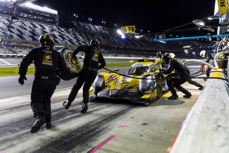 DAYTONA BEACH, FLORIDA - JANUARY 30: The #29 Racing Team Nederland ORECA LMP2 07 of Frits Van Eerd, Giedo van der Garde, Dylan Murry, and Rinus Van Kalmthout pits during the Rolex 24 at Daytona International Speedway on January 30, 2022 in Daytona Beach, Florida. (Photo by James Gilbert/Getty Images) | Getty Images
