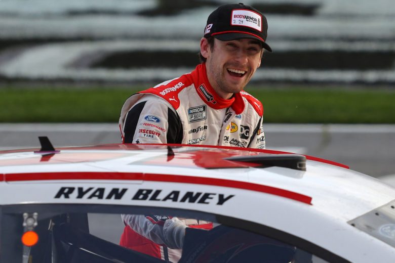HAMPTON, GEORGIA - MARCH 21: Ryan Blaney, driver of the #12 BodyArmor Ford, celebrates after winning the NASCAR Cup Series Folds of Honor QuikTrip 500 at Atlanta Motor Speedway on March 21, 2021 in Hampton, Georgia. (Photo by Kevin C. Cox/Getty Images) | Getty Images
