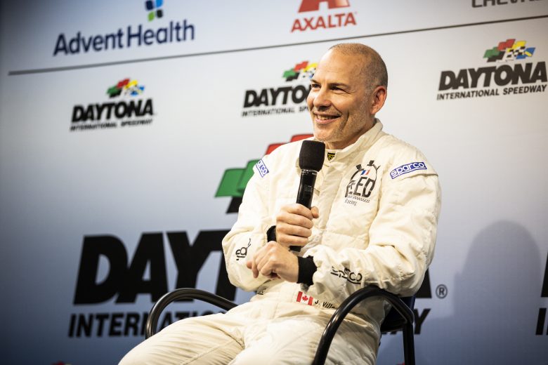 DAYTONA BEACH, FLORIDA - JANUARY 12: Jacques Villeneuve, Driver of the #27 Team Hezeberg Ford, speaks to the Media during the NASCAR Next Gen Test at Daytona International Speedway on January 12, 2022 in Daytona Beach, Florida. (Photo by James Gilbert/Getty Images) | Getty Images