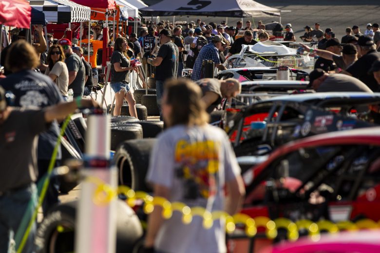 A general view of the garage area during practice for the New Smyrna Visitors Bureau 200 for the NASCAR Whelen Modified Tour during night 2 of the World Series of Asphalt Stock Car Racing at New Smyrna Speedway in New Smyrna, Florida on February 12, 2022. (Adam Glanzman/NASCAR)