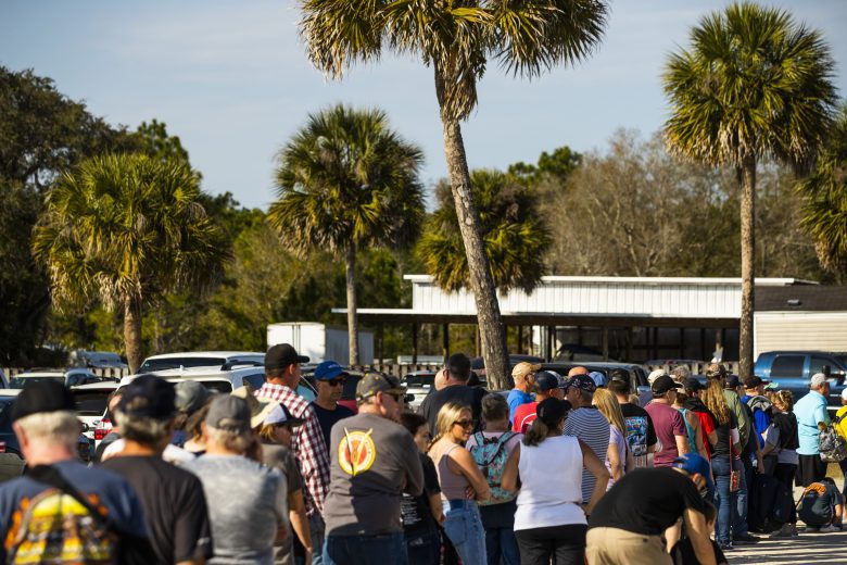 Fans line up for the New Smyrna Visitors Bureau 200 for the NASCAR Whelen Modified Tour during night 2 of the World Series of Asphalt Stock Car Racing at New Smyrna Speedway in New Smyrna, Florida on February 12, 2022. (Adam Glanzman/NASCAR)