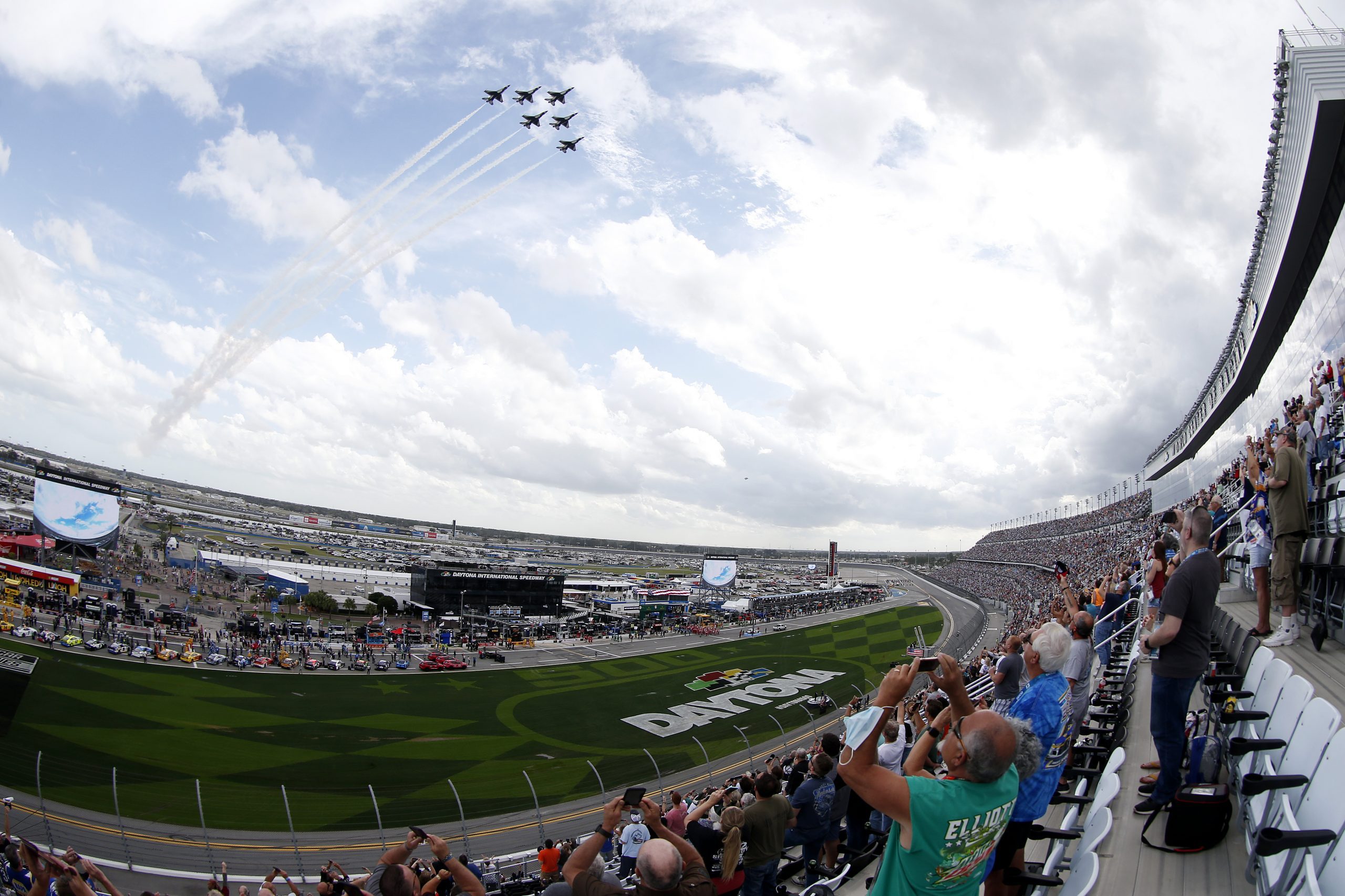 DAYTONA BEACH, FLORIDA - FEBRUARY 14: A general view of the U.S. Air Force Thunderbirds flyover prior to the NASCAR Cup Series 63rd Annual Daytona 500 at Daytona International Speedway on February 14, 2021 in Daytona Beach, Florida. (Photo by Brian Lawdermilk/Getty Images) | Getty Images