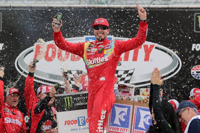 BRISTOL, TN - APRIL 07:  Kyle Busch, driver of the #18 Skittles Toyota, celebrates in Victory Lane after winning the Monster Energy NASCAR Cup Series Food City 500 at Bristol Motor Speedway on April 7, 2019 in Bristol, Tennessee.  (Photo by Donald Page/Getty Images) | Getty Images