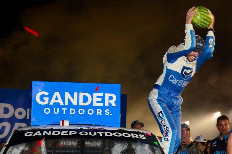 MADISON, IL - JUNE 22: Ross Chastain, driver of the CarSheild.com Chevrolet, celebrates in victory lane after winning the NASCAR Gander Outdoors Truck Series CarShield 200 presented by CK at Gateway Motorsports Park on June 22, 2019 in Madison, Illinois. (Photo by Jeff Curry/Getty Images) | Getty Images