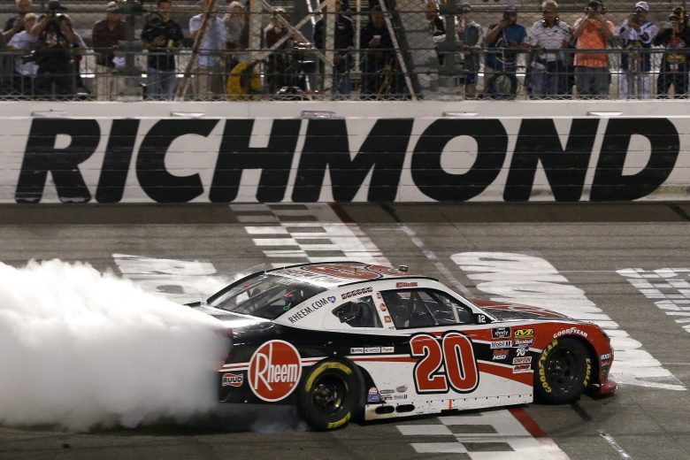 RICHMOND, VIRGINIA - SEPTEMBER 20: Christopher Bell, driver of the #20 Rheem Toyota, celebrates with a burnout after winning the NASCAR Xfinity Series GoBowling 250 at Richmond Raceway on September 20, 2019 in Richmond, Virginia. (Photo by Brian Lawdermilk/Getty Images) | Getty Images