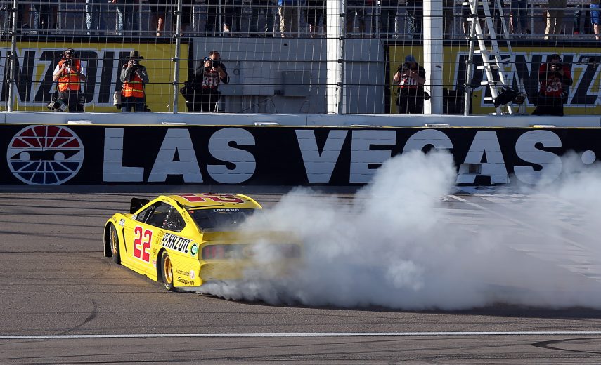 LAS VEGAS, NEVADA - FEBRUARY 23: Joey Logano, driver of the #22 Pennzoil Ford, celebrates his win during the NASCAR Cup Series Pennzoil 400 at Las Vegas Motor Speedway on February 23, 2020 in Las Vegas, Nevada. (Photo by Matt Sullivan/Getty Images) | Getty Images