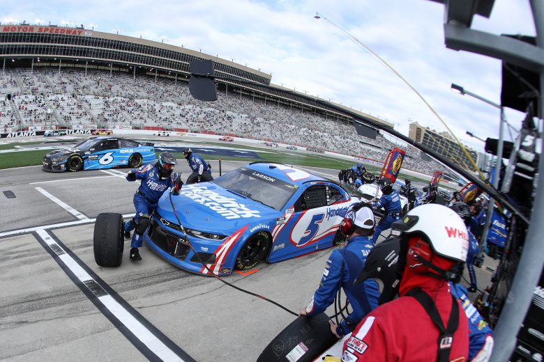 HAMPTON, GEORGIA - MARCH 21: Kyle Larson, driver of the #5 HendrickCars.com Chevrolet, pits during the NASCAR Cup Series Folds of Honor QuikTrip 500 at Atlanta Motor Speedway on March 21, 2021 in Hampton, Georgia. (Photo by Sean Gardner/Getty Images) | Getty Images