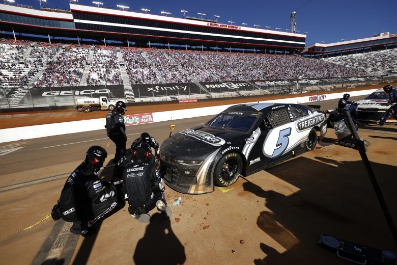BRISTOL, TENNESSEE - MARCH 29: Kyle Larson, driver of the #5 Freightliner Chevrolet, pits during the NASCAR Cup Series Food City Dirt Race at Bristol Motor Speedway on March 29, 2021 in Bristol, Tennessee. (Photo by Chris Graythen/Getty Images) | Getty Images