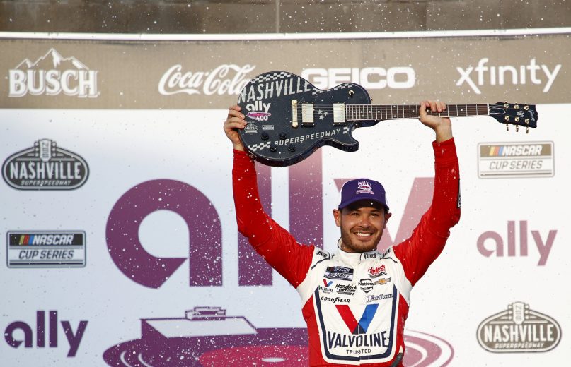 LEBANON, TENNESSEE - JUNE 20: Kyle Larson, driver of the #5 Valvoline Chevrolet, celebrates in victory lane after winning the NASCAR Cup Series Ally 400 at Nashville Superspeedway on June 20, 2021 in Lebanon, Tennessee. (Photo by Jared C. Tilton/Getty Images) | Getty Images