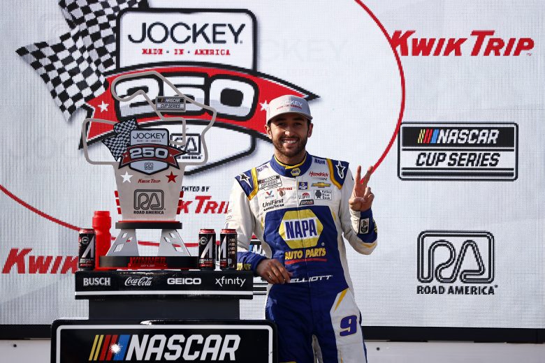 ELKHART LAKE, WISCONSIN - JULY 04: Chase Elliott, driver of the #9 NAPA Auto Parts Chevrolet, celebrates in victory lane after winning the NASCAR Cup Series Jockey Made in America 250 Presented by Kwik Trip at Road America on July 04, 2021 in Elkhart Lake, Wisconsin. (Photo by Jared C. Tilton/Getty Images) | Getty Images