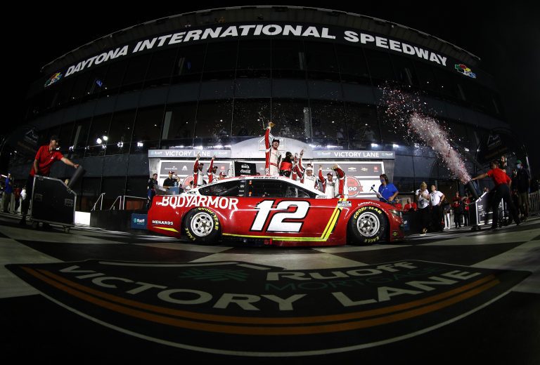 DAYTONA BEACH, FLORIDA - AUGUST 28: Ryan Blaney, driver of the #12 BodyArmor Ford, celebrates in the Ruoff Mortgage victory lane after winning the NASCAR Cup Series Coke Zero Sugar 400 at Daytona International Speedway on August 28, 2021 in Daytona Beach, Florida. (Photo by Jared C. Tilton/Getty Images) | Getty Images