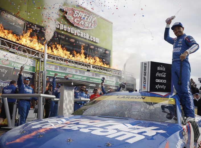 FORT WORTH, TEXAS - OCTOBER 17: Kyle Larson, driver of the #5 HendrickCars.com Chevrolet, celebrates in victory lane after winning the NASCAR Cup Series Autotrader EchoPark Automotive 500 at Texas Motor Speedway on October 17, 2021 in Fort Worth, Texas. (Photo by Jared C. Tilton/Getty Images) | Getty Images