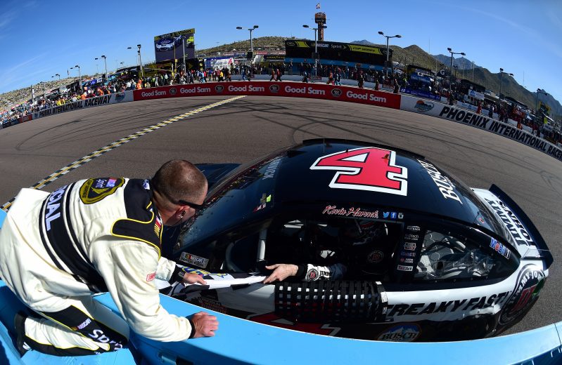 AVONDALE, AZ - MARCH 13:  Kevin Harvick, driver of the #4 Jimmy John's Chevrolet, takes the checkered flag fom a NASCAR official lafter winning the NASCAR Sprint Cup Series Good Sam 500 at Phoenix International Raceway on March 13, 2016 in Avondale, Arizona.  (Photo by Jared C. Tilton/Getty Images) | Getty Images
