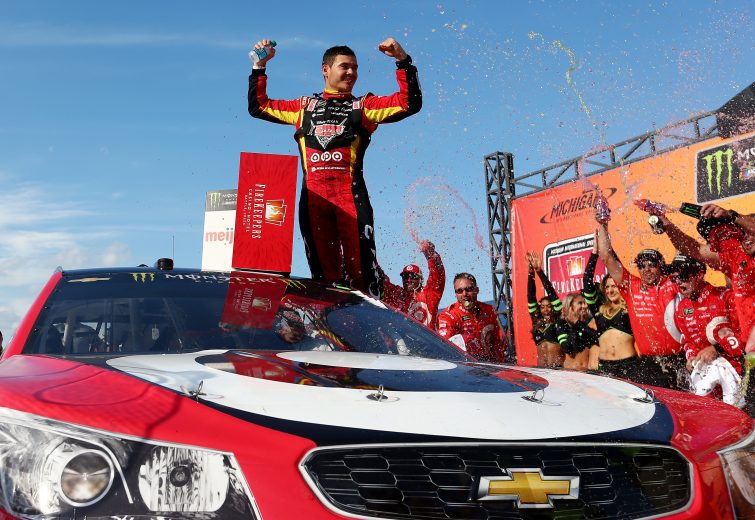 BROOKLYN, MI - JUNE 18:  Kyle Larson, driver of the #42 Cars 3/Target Chevrolet, celebrates in Victory Lane after winning the Monster Energy NASCAR Cup Series FireKeepers Casino 400 at Michigan International Speedway on June 18, 2017 in Brooklyn, Michigan.  (Photo by Sarah Crabill/Getty Images) | Getty Images