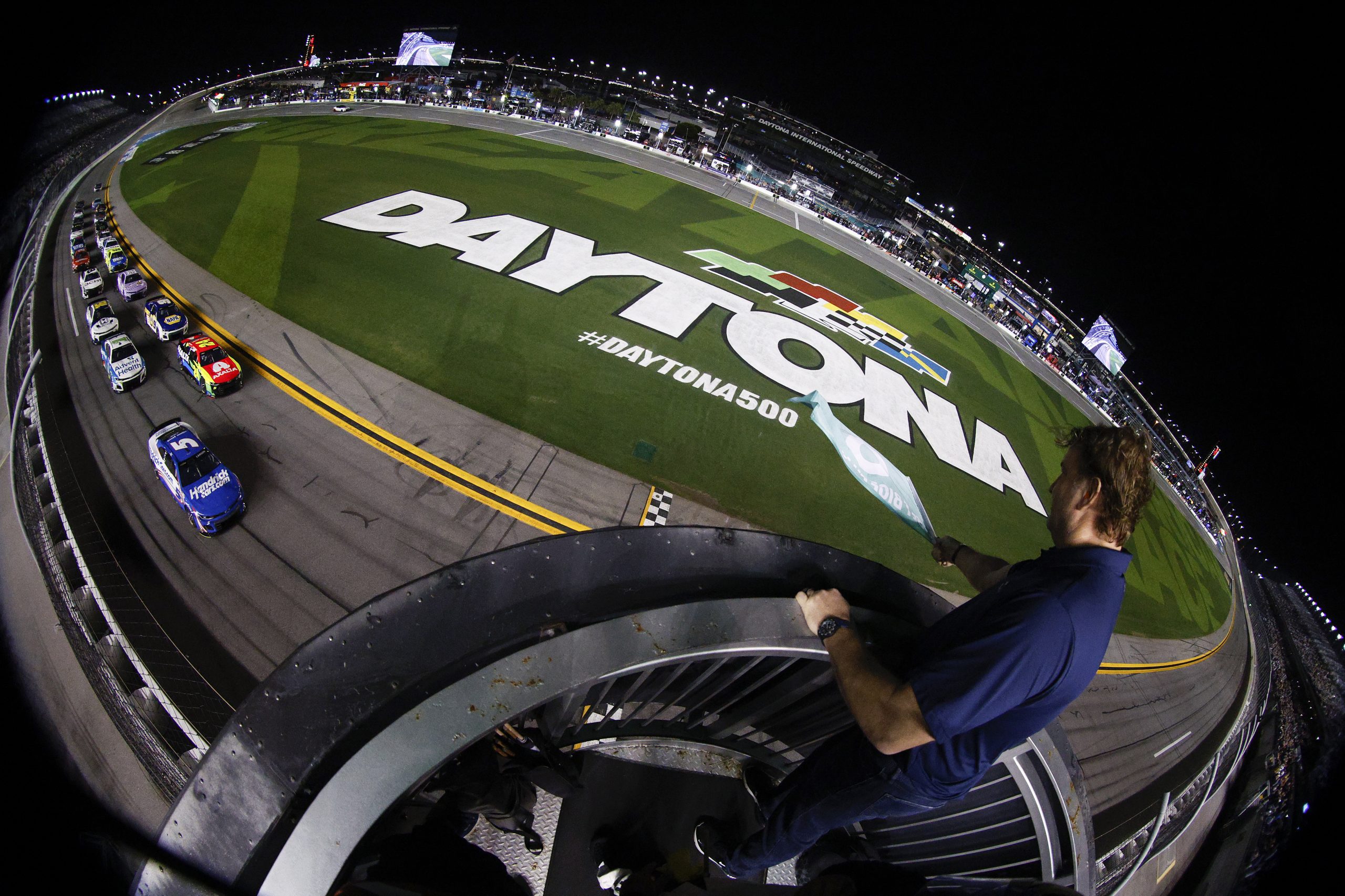 DAYTONA BEACH, FLORIDA - FEBRUARY 17: Kyle Larson, driver of the #5 HendrickCars.com Chevrolet, leads the field to the green flag to start the NASCAR Cup Series Bluegreen Vacations Duel #1 at Daytona at Daytona International Speedway on February 17, 2022 in Daytona Beach, Florida. (Photo by Sean Gardner/Getty Images) | Getty Images