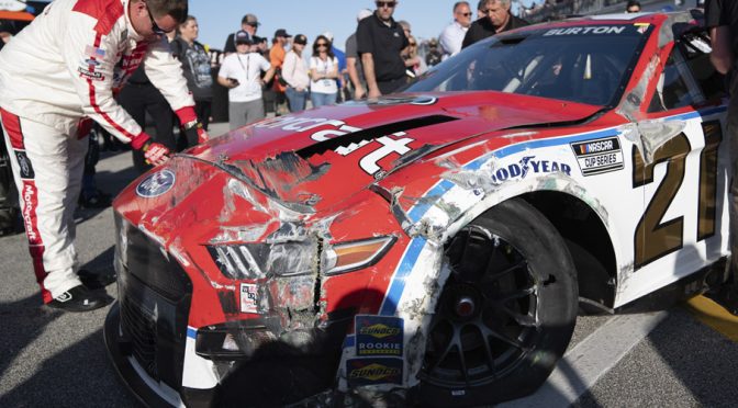 Featured Image for Brad Keselowski, Harrison Burton contact triggers eight-car crash in Daytona 500