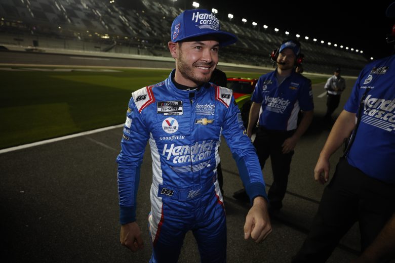 DAYTONA BEACH, FLORIDA - FEBRUARY 16: Kyle Larson, driver of the #5 HendrickCars.com Chevrolet,  and crew celebrate after winning the pole position for the NASCAR Cup Series 64th Annual Daytona 500 at Daytona International Speedway on February 16, 2022 in Daytona Beach, Florida. (Photo by Chris Graythen/Getty Images) | Getty Images