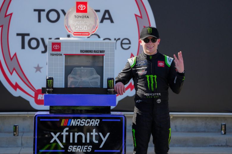 RICHMOND, VIRGINIA - APRIL 02: Ty Gibbs, driver of the #54 Monster Energy Toyota, celebrates in the Ruoff Mortgage victory lane after winning the NASCAR Xfinity Series ToyotaCare 250 at Richmond Raceway on April 02, 2022 in Richmond, Virginia. (Photo by Jacob Kupferman/Getty Images) | Getty Images