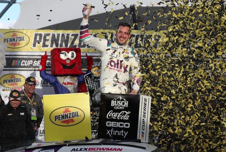 LAS VEGAS, NEVADA - MARCH 06: Alex Bowman, driver of the #48 Ally Chevrolet, celebrates in victory lane after winning the NASCAR Cup Series Pennzoil 400 at Las Vegas Motor Speedway on March 06, 2022 in Las Vegas, Nevada. (Photo by Meg Oliphant/Getty Images) | Getty Images