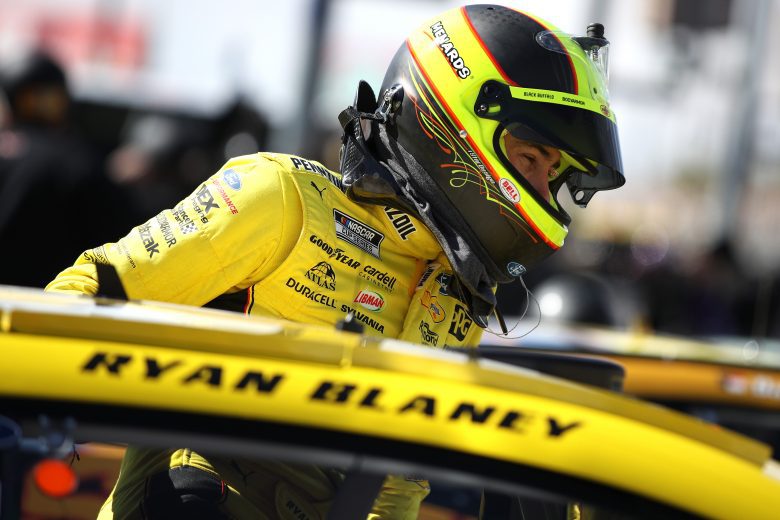 LAS VEGAS, NEVADA - MARCH 05: Ryan Blaney, driver of the #12 Menards/Pennzoil Ford, enters his car during practice for NASCAR Cup Series Pennzoil 400 at Las Vegas Motor Speedway on March 05, 2022 in Las Vegas, Nevada. (Photo by Meg Oliphant/Getty Images) | Getty Images