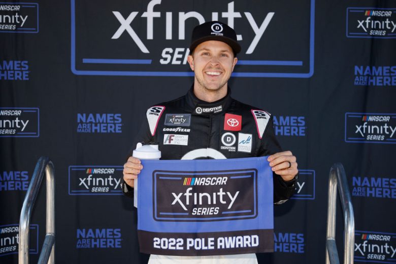 AVONDALE, ARIZONA - MARCH 12: Trevor Bayne, driver of the #18 Devotion Nutrition Toyota, poses for photos after winning the pole award during qualifying for the NASCAR Xfinity Series United Rentals 200 at Phoenix Raceway on March 12, 2022 in Avondale, Arizona. (Photo by Sean Gardner/Getty Images) | Getty Images