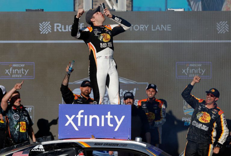 AVONDALE, ARIZONA - MARCH 12: Noah Gragson, driver of the #9 Bass Pro Shops/TrueTimber/BRCC Chevrolet, celebrates in the Ruoff Mortgage victory lane after winning the NASCAR Xfinity Series United Rentals 200 at Phoenix Raceway on March 12, 2022 in Avondale, Arizona. (Photo by Sean Gardner/Getty Images) | Getty Images