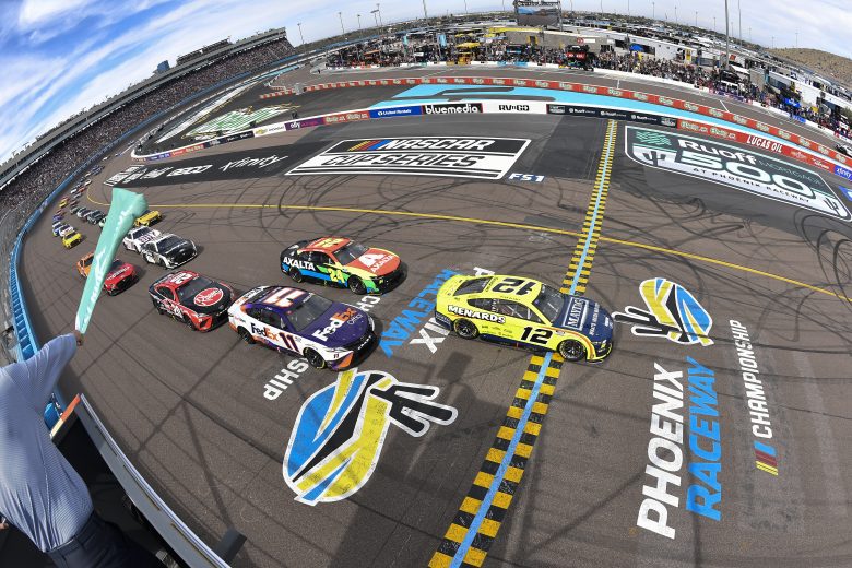 AVONDALE, ARIZONA - MARCH 13: Ryan Blaney, driver of the #12 Menards/Maytag Ford, leads the field to the green flag to start the Ruoff Mortgage 500 during at Phoenix Raceway on March 13, 2022 in Avondale, Arizona. (Photo by Logan Riely/Getty Images) | Getty Images