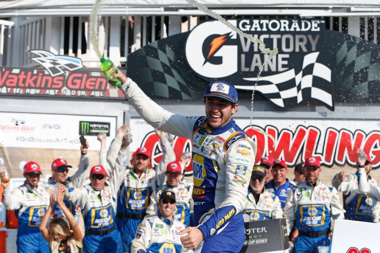 WATKINS GLEN, NEW YORK - AUGUST 04: Chase Elliott, driver of the #9 NAPA AUTO PARTS Chevrolet, celebrates in Victory Lane after winning the Monster Energy NASCAR Cup Series Go Bowling at The Glen at Watkins Glen International on August 04, 2019 in Watkins Glen, New York. (Photo by Brian Lawdermilk/Getty Images) | Getty Images