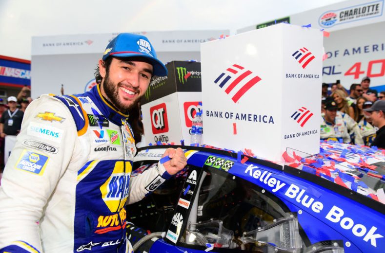 CHARLOTTE, NORTH CAROLINA - SEPTEMBER 29: Chase Elliott, driver of the #9 NAPA Auto Parts Chevrolet, poses with the winner’s decal on his car in Victory Lane after winning the Monster Energy NASCAR Cup Series Bank of America ROVAL 400 at Charlotte Motor Speedway on September 29, 2019 in Charlotte, North Carolina. (Photo by Jared C. Tilton/Getty Images) | Getty Images
