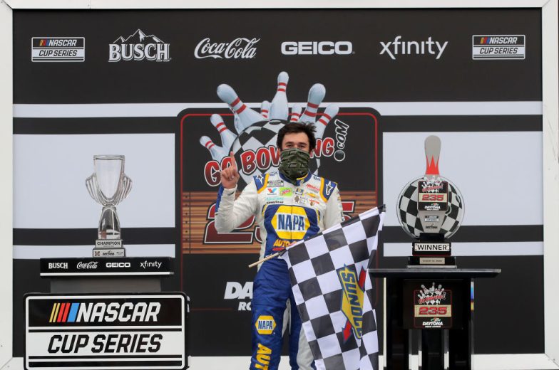 DAYTONA BEACH, FLORIDA - AUGUST 16: Chase Elliott, driver of the #9 NAPA Auto Parts Chevrolet, celebrates in Victory Lane after winning the NASCAR Cup Series Go Bowling 235 at Daytona International Speedway on August 16, 2020 in Daytona Beach, Florida. (Photo by Chris Graythen/Getty Images) | Getty Images
