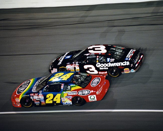1997: Dale Earnhardt (No. 3) and Jeff Gordon (No. 24) race side by side in a NASCAR Cup race. (Photo by ISC Images & Archives via Getty Images)