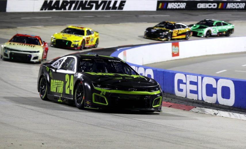 MARTINSVILLE, VIRGINIA - APRIL 09: William Byron, driver of the #24 RaptorTough.com Chevrolet, leads the field during the NASCAR Cup Series Blue-Emu Maximum Pain Relief 400 at Martinsville Speedway on April 09, 2022 in Martinsville, Virginia. (Photo by Meg Oliphant/Getty Images) | Getty Images