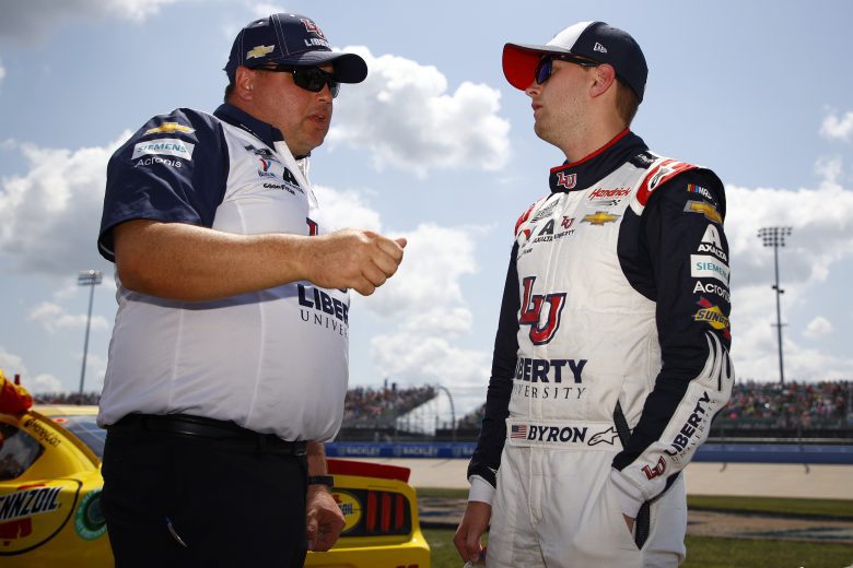 LEBANON, TENNESSEE - JUNE 20: William Byron, driver of the #24 Liberty University Chevrolet, and crew chief Rudy Fugle talk on the grid prior to the NASCAR Cup Series Ally 400 at Nashville Superspeedway on June 20, 2021 in Lebanon, Tennessee. (Photo by Jared C. Tilton/Getty Images) | Getty Images