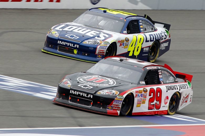 FONTANA, CA - MARCH 27: Kevin Harvick, driver of the #29 Jimmy John's Chevrolet, leads Jimmie Johnson, driver of the #48 Lowe's Chevrolet, to the finish line to win the NASCAR Sprint Cup Series Auto Club 400 at Auto Club Speedway on March 27, 2011 in Fontana, California. (Photo by Todd Warshaw/Getty Images for NASCAR) | Getty Images