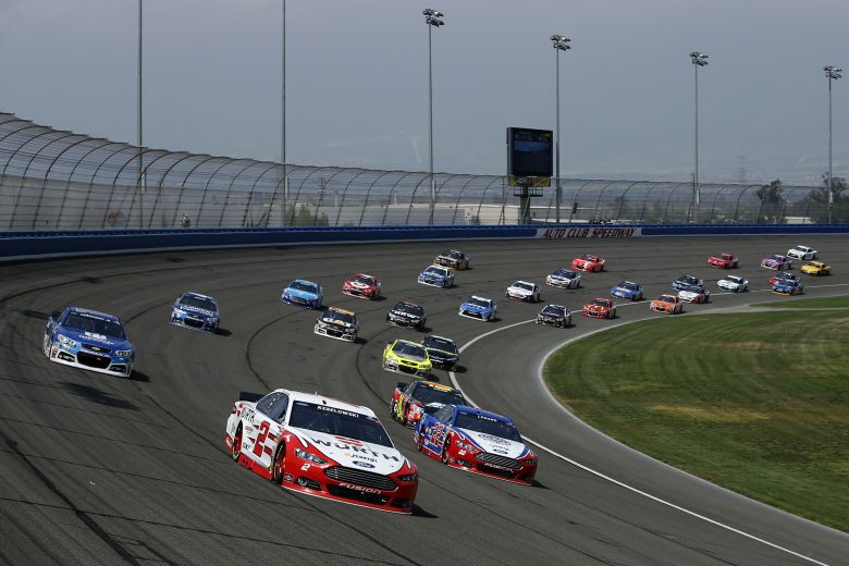 FONTANA, CA - MARCH 22: Brad Keselowski, driver of the #2 Wurth Ford, leads a pack of cars during the NASCAR Sprint Cup Series Auto Club 400 at Auto Club Speedway on March 22, 2015 in Fontana, California. (Photo by Doug Pensinger/Getty Images) | Getty Images
