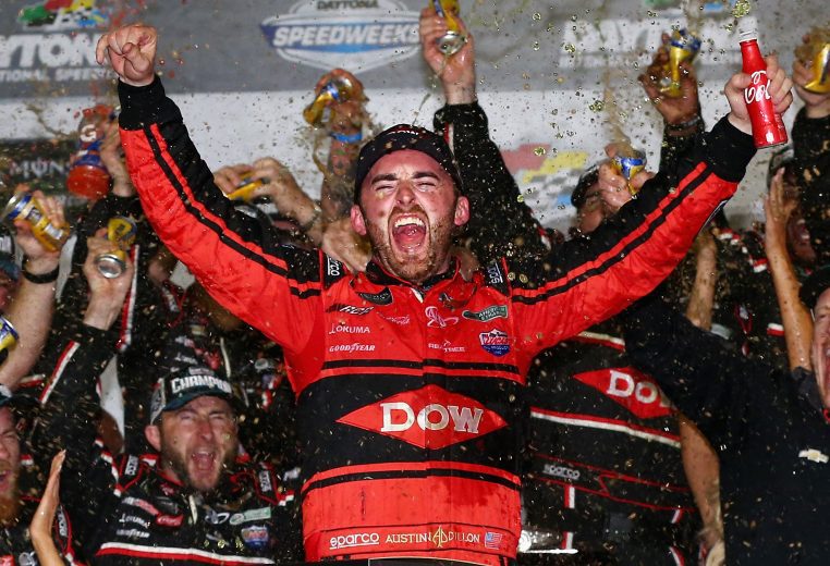 DAYTONA BEACH, FL - FEBRUARY 18: Austin Dillon, driver of the #3 DOW Chevrolet, celebrates in Victory Lane after winning the Monster Energy NASCAR Cup Series 60th Annual Daytona 500 at Daytona International Speedway on February 18, 2018 in Daytona Beach, Florida. (Photo by Sarah Crabill/Getty Images) | Getty Images