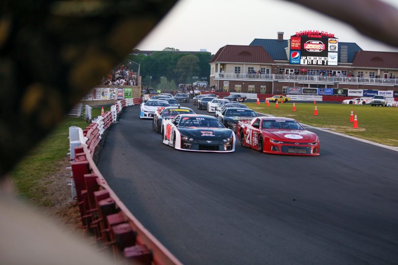 Action during the Sportsman race at Bowman Gray Stadium in Winston-Salem, North Carolina, on April 23, 2022. (Adam Fenwick/NASCAR)
