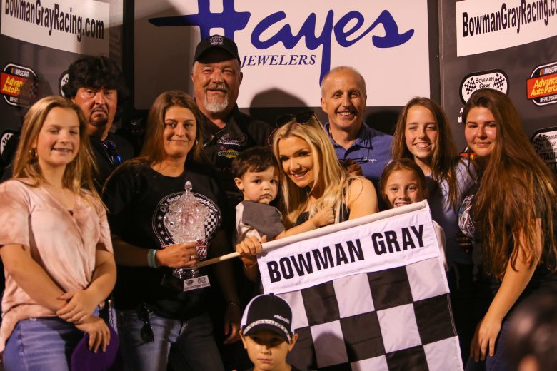 Tommy Neal and family in victory lane after winning the Sportsman race at Bowman Gray Stadium in Winston-Salem, North Carolina, on April 23, 2022. (Adam Fenwick/NASCAR)