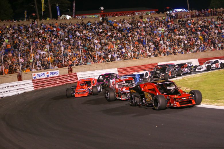 Danny Bohn (57) leads during the Hayes Jewelers 200 at Bowman Gray Stadium in Winston-Salem, North Carolina, on April 23, 2022. (Adam Fenwick/NASCAR)