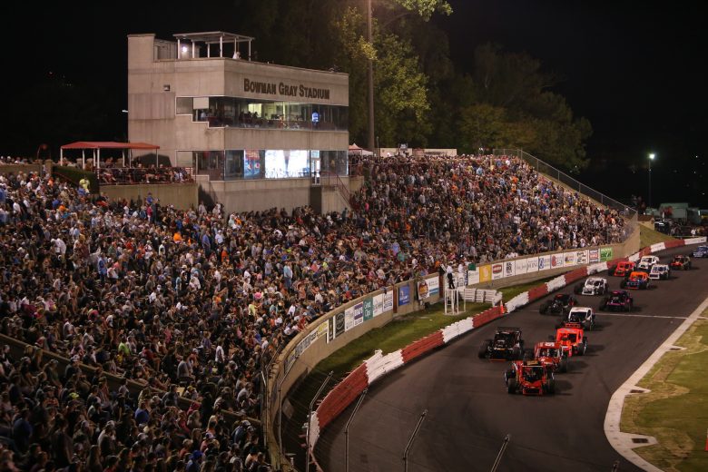 Danny Bohn leads the field during the Hayes Jewelers 200 at Bowman-Gray Stadium in Winston-Salem, North Carolina, on April 23, 2022. (Adam Fenwick/NASCAR)