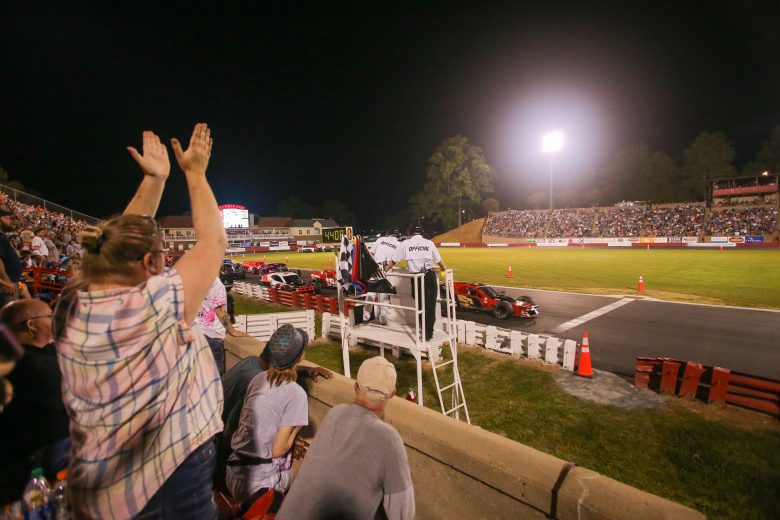 Fans cheer during the Hayes Jewelers 200 at Bowman Gray Stadium in Winston-Salem, North Carolina, on April 23, 2022. (Adam Fenwick/NASCAR)