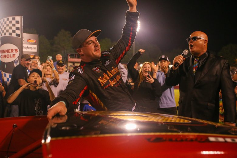 Danny Bohn in victory lane after winning the Hayes Jewelers 200 Modified race at Bowman-Gray Stadium in Winston-Salem, North Carolina, on Saturday, April 23, 2022. (Adam Fenwick/NASCAR)