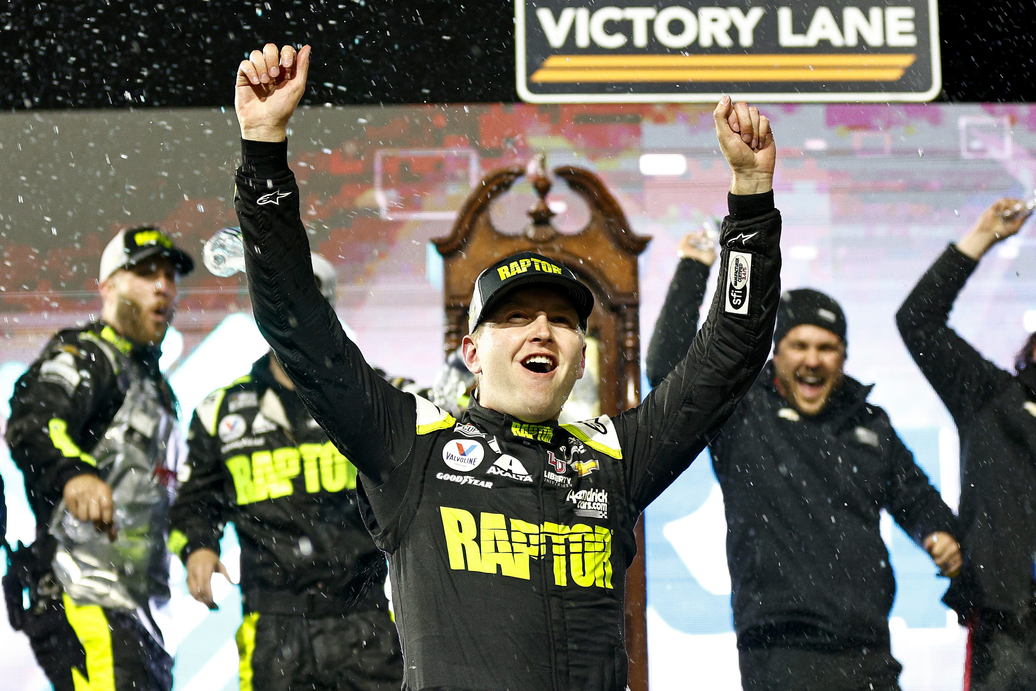 MARTINSVILLE, VIRGINIA - APRIL 09: William Byron, driver of the #24 RaptorTough.com Chevrolet, celebrates in the Ruoff Mortgage victory lane after winning the NASCAR Cup Series Blue-Emu Maximum Pain Relief 400 at Martinsville Speedway on April 09, 2022 in Martinsville, Virginia. (Photo by Jared C. Tilton/Getty Images) | Getty Images