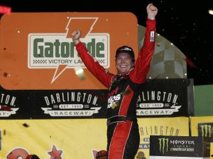 DARLINGTON, SOUTH CAROLINA - SEPTEMBER 02: Erik Jones, driver of the #20 Sport Clips Throwback Toyota, celebrates in Victory Lane after winning the Monster Energy NASCAR Cup Series Bojangles' Southern 500 at Darlington Raceway on September 02, 2019 in Darlington, South Carolina. (Photo by Brian Lawdermilk/Getty Images) | Getty Images