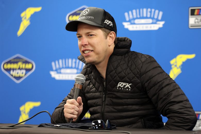 DARLINGTON, SOUTH CAROLINA - MAY 08: Brad Keselowski, driver of the #6 Socios.com Ford, announces the RFK Racing and King's Hawaiian partnership during a press conference prior to the NASCAR Cup Series Goodyear 400 at Darlington Raceway on May 08, 2022 in Darlington, South Carolina. (Photo by James Gilbert/Getty Images) | Getty Images