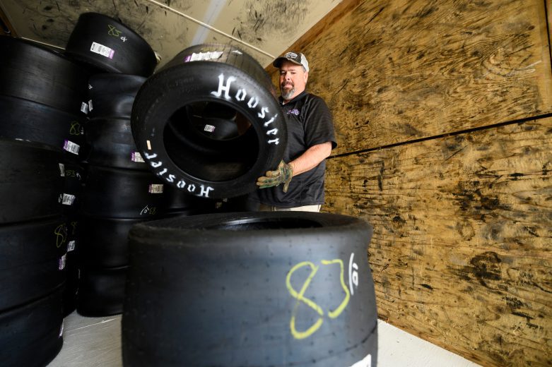 Race staff prepares tires during the Miller Lite 200 for the Whelen Modified Tour at Riverhead Raceway on May 14, 2022 in Riverhead, New York. (Mike Lawrence/NASCAR)