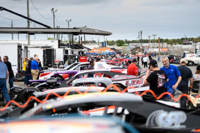 Crews in the pit area during the Miller Lite 200 for the Whelen Modified Tour at Riverhead Raceway on May 14, 2022 in Riverhead, New York. (Mike Lawrence/NASCAR)