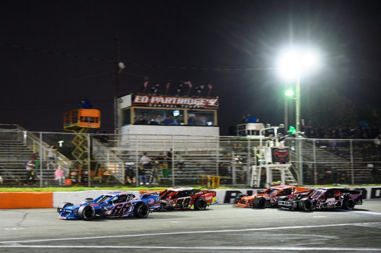 Timmy Solomito, driver of the #66 Natural Designs, Highmark, Eric Goodale, driver of the #58 GAF Roofing during the Miller Lite 200 for the Whelen Modified Tour at Riverhead Raceway on May 14, 2022 in Riverhead, New York. (Mike Lawrence/NASCAR)