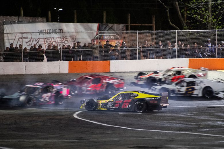 Walter Sutcliffe Jr., driver of the #78 Last Minute Racing, spins during the Miller Lite 200 for the Whelen Modified Tour at Riverhead Raceway on May 14, 2022 in Riverhead, New York. (Mike Lawrence/NASCAR)